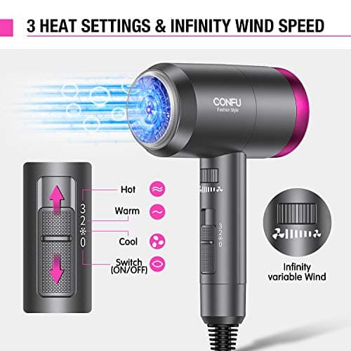 CONFU Ionic 1600W Portable Hairdryer, Fast Drying with 3 Heat Settings