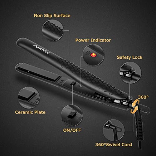 Black Mini Flat Iron, 0.7 Inch Ceramic Straightener for Short Hair, Dual Voltage