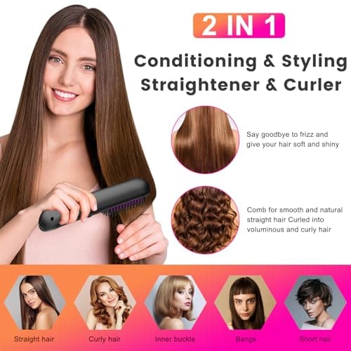 Biupky Cordless Hair Straightener Brush with 50M Negative Ions & LED Display