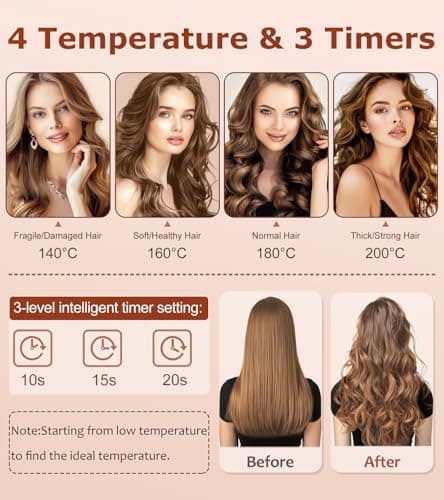Automatic Hair Curler with 4 Temp & 3 Timer, Anti-Scald, Anti-Tangle, Pink