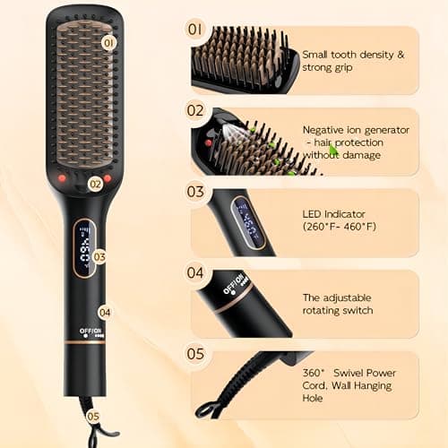 Nicebay Rotatable Hair Straightener Brush, 6 Temp Settings, LED Display, Auto-Off, Black & Gold