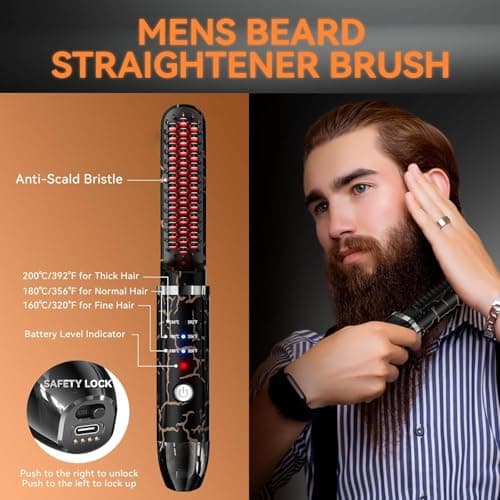 Cordless Beard Straightening Brush with 3 Temp Settings for Men