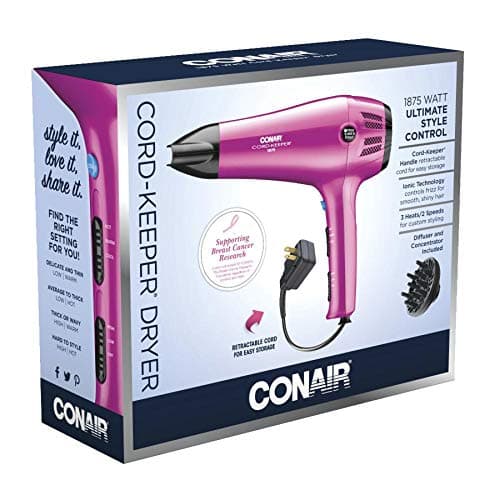 CONAIR 1875W Retractable Cord Keeper Blow Dryer, Pink