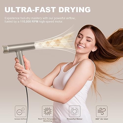 YAPOY Professional Ionic Hair Dryer with Diffuser Fast Drying Low Heat Damage Thermo-Control Silver