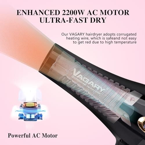 VAGARY Professional 2200W Blower Dryer with Diffuser Nozzles & Cool Shot Button