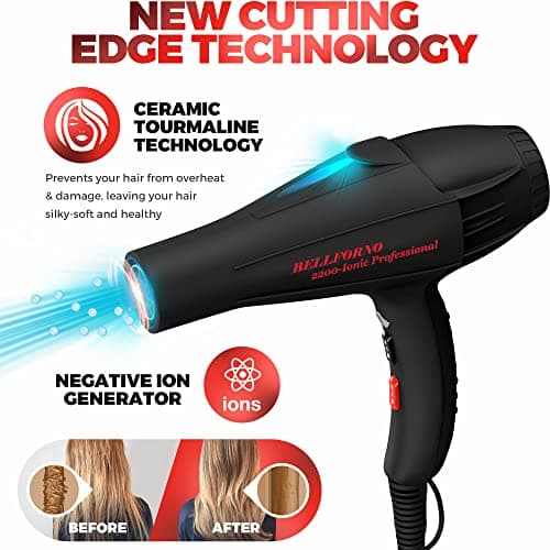 Bellforno 2200W Professional Hair Dryer with Diffuser & Negative Ionic Technology