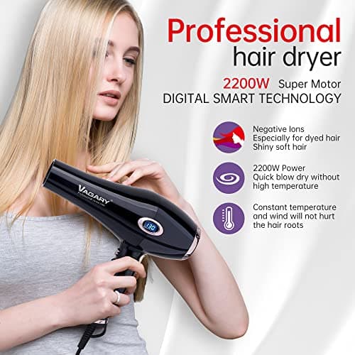 VAGARY Professional 2200W Blower Dryer with Diffuser Nozzles & Cool Shot Button