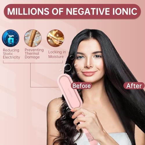 Negative Ionic Pink Hair Straightener Brush, 9 Temp Settings, LED Display