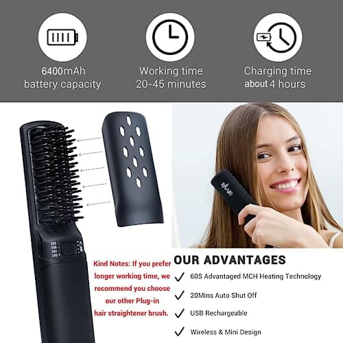 Portable USB Rechargeable 2-in-1 Hair Straightener Brush (Black)