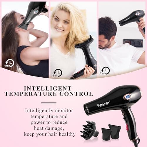 VAGARY Professional 2200W Blower Dryer with Diffuser Nozzles & Cool Shot Button