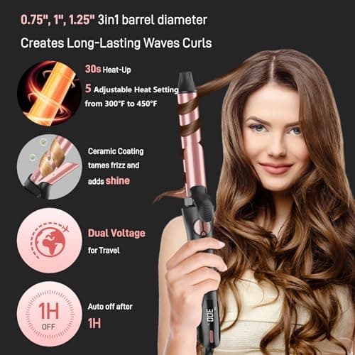 3-in-1 Rose Gold Curling Iron - Lasting Beach Waves, Adjustable Temp, Dual Voltage