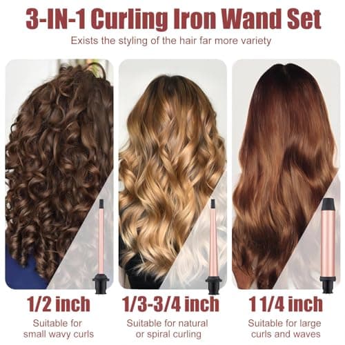 SIQUER 3-in-1 Curling Wand Set - 3 Interchangeable Beach Waves for Women (Rose, Black)