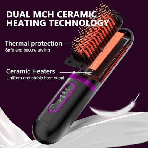 Black Portable Cordless Straightening Brush with LCD Display & Clips