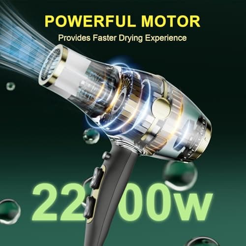 Professional Ionic Hair Blow Dryer, 2200W Quick Dry with Diffuser & 2 Nozzles