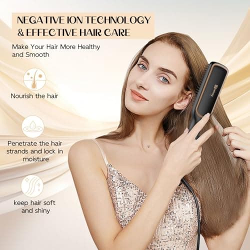Nicebay Rotatable Hair Straightener Brush, 6 Temp Settings, LED Display, Auto-Off, Black & Gold