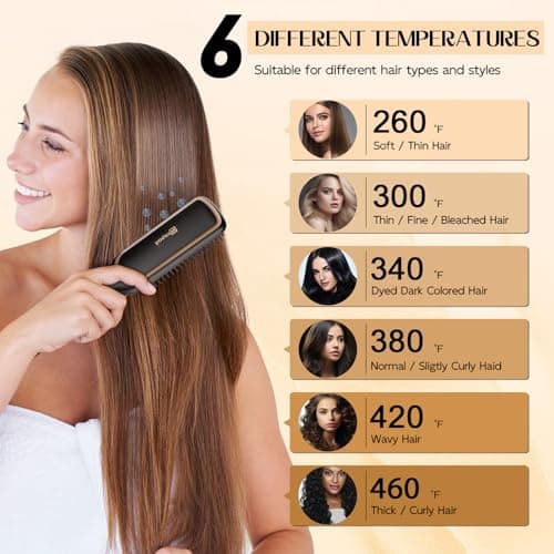 Nicebay Rotatable Hair Straightener Brush, 6 Temp Settings, LED Display, Auto-Off, Black & Gold