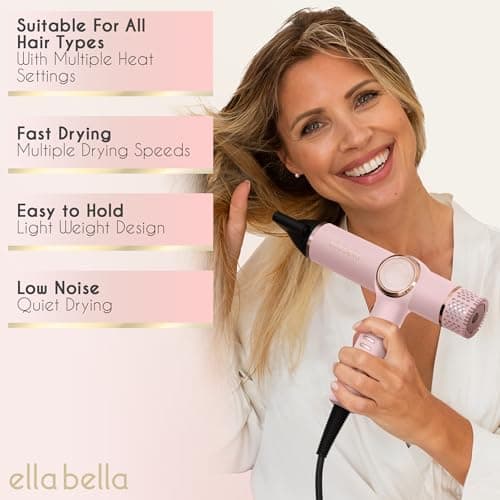 ELLA BELLA Professional Ionic Hair Dryer with Diffuser • Negative Ion Blow Dryer