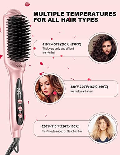 LANDOT Ceramic Straightener Brush: Negative Ion Electric Heater for Smooth & Frizz-Free Hair - Dual Voltage Fast Heating