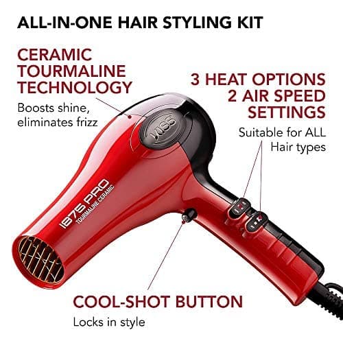 Kiss 1875 Watt Ceramic Hair Dryer with Detangler Combs