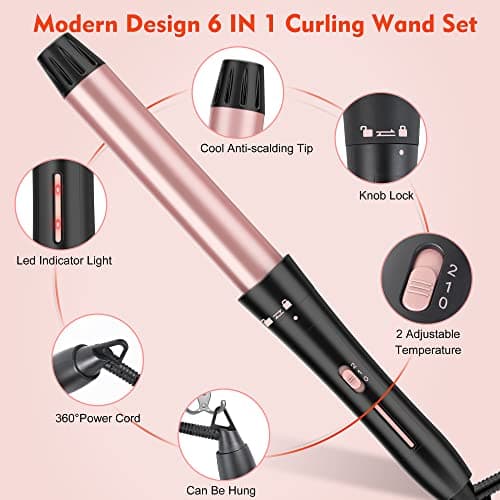 USHOW 6 in 1 Curling Wand Set - Instant Heat Ceramic Curling Iron with Gloves