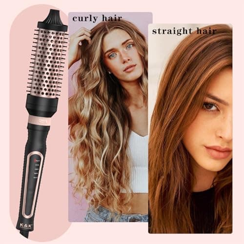 Ionic Heated Round Curling Brush 3-in-1 Set for Dry Hair Volume Smoothing Ceramic Curl Iron (Black)