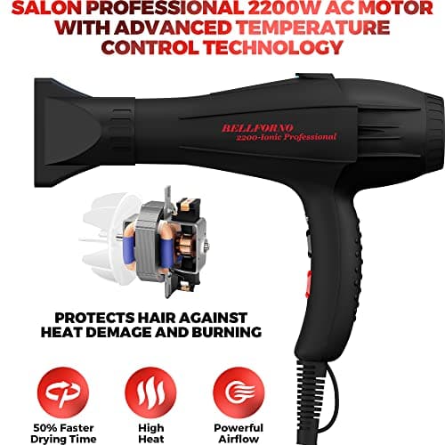 Bellforno 2200W Professional Hair Dryer with Diffuser & Negative Ionic Technology