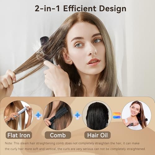 2 in 1 Steam Hair Straightener Brush, Ionic Heat, Essental Oils, Fast Heat-Up, Portable, 20Min Auto Off