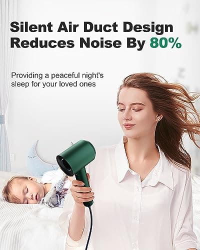 7MAGIC 1400W Ionic Fast Dryer, 110,000RPM Motor, Tri-Colour LED, Magnetic Nozzle, Green