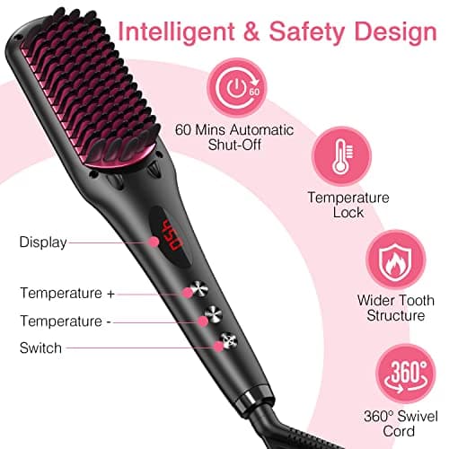 MiroPure 2-in-1 Ionic Ceramic Straightener Brush, Anti-Scald, Auto Temperature Lock & Off (Black)