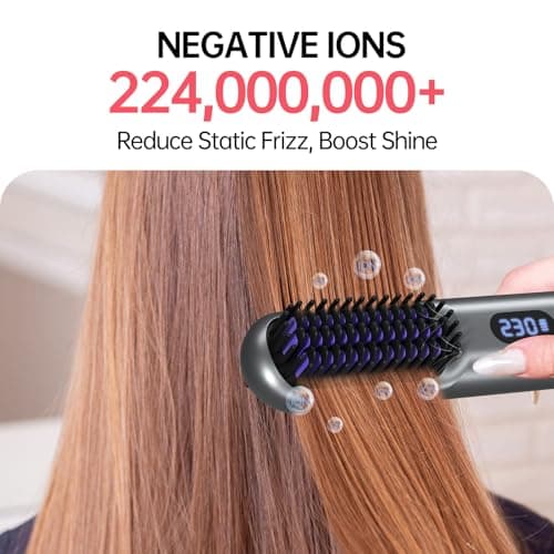 Cordless Hair Straightener Brush - 9 Temp Settings, 9600mAh Battery, Mini Comb (Metallic Grey)