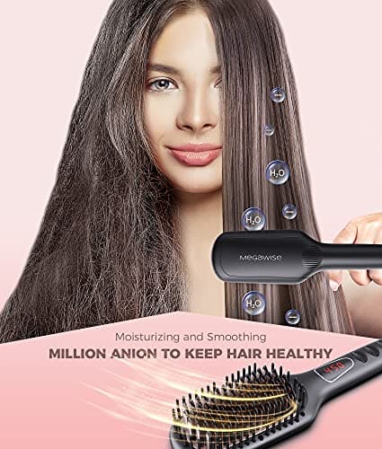 MEGAWISE Pro Ceramic Ionic Hair Straightener with Brush | 20s Fast Heating Tech | Auto-Off Safety | Anti-Scald | Dual Vo