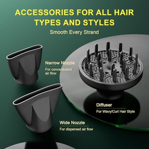 Professional Ionic Hair Blow Dryer, 2200W Quick Dry with Diffuser & 2 Nozzles