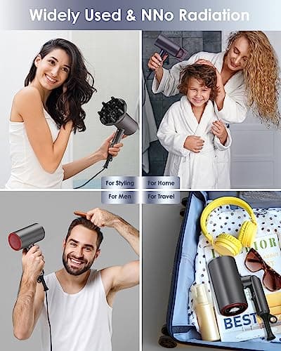 1800W Professional Ion Diffuser Hair Dryer for Fast & Quiet Hair Care Travel (Small & Medium)