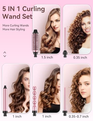 LANDOT 5-in-1 Curling Iron Set: 1.5" Thermal Brush & Ceramic Wands for Lasting Curls