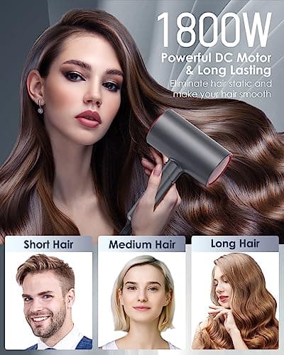 1800W Professional Ion Diffuser Hair Dryer for Fast & Quiet Hair Care Travel (Small & Medium)