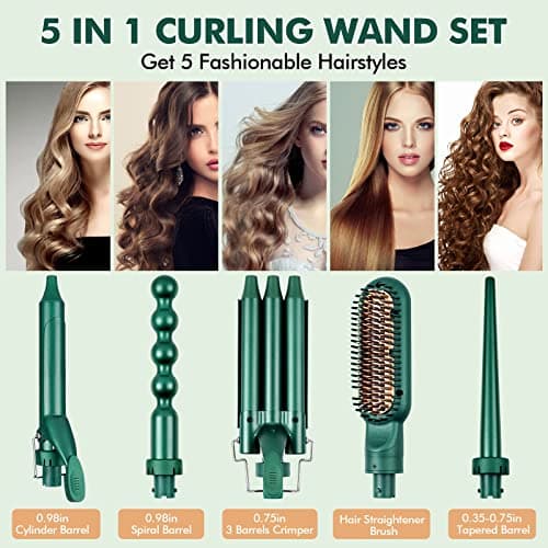 Yinhua 5-in-1 Curling Iron Set with Ceramic Barrels & Brush, 30S Heat Up