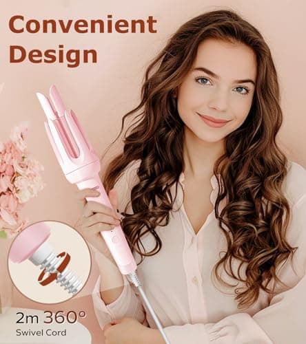 Automatic Hair Curler with 4 Temp & 3 Timer, Anti-Scald, Anti-Tangle, Pink