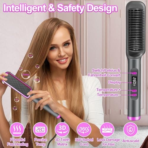 10s Fast Heating LCD Display Flat Iron Brush, 5 Temps, Anti-Scald, Negative Ions