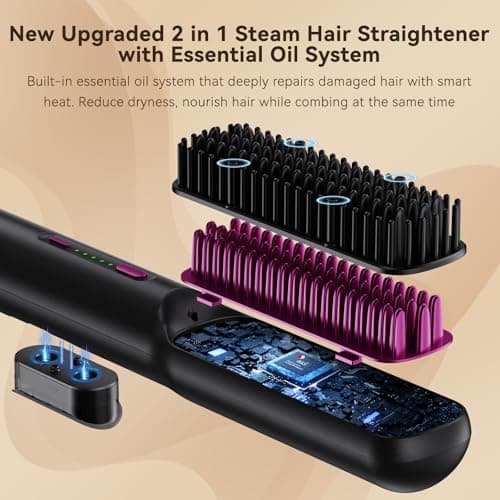 2 in 1 Steam Hair Straightener Brush, Ionic Heat, Essental Oils, Fast Heat-Up, Portable, 20Min Auto Off
