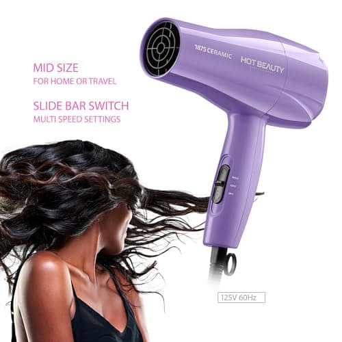 1875 Ceramic Hair Dryer, Fast & Powerful Drying, Multi-Setting, Detangler Included (Purple)