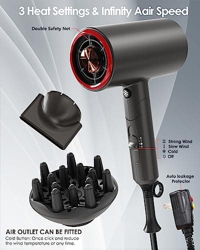 1800W Professional Ion Diffuser Hair Dryer for Fast & Quiet Hair Care Travel (Small & Medium)