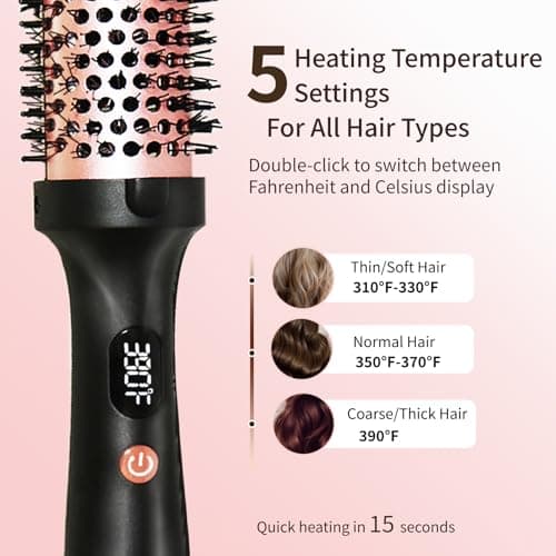 FOTN Rose Gold 1.5 Inch Ceramic Thermal Curling Brush, 5 Temp Settings, Negative Ion Tech
