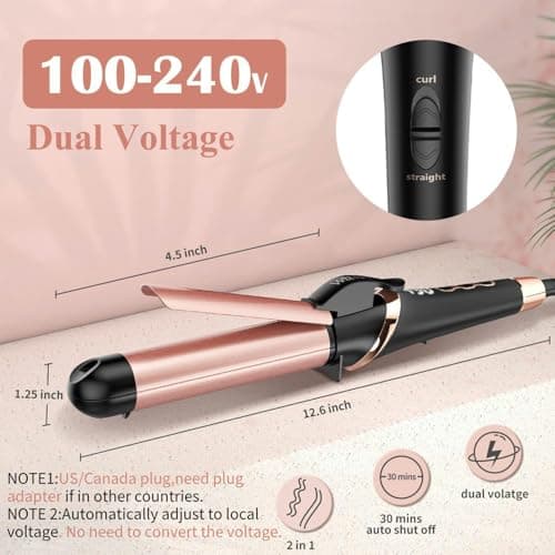2 in 1 Hair Straightener & Curler, 1 1/4 Inch Dual Voltage Curling Iron