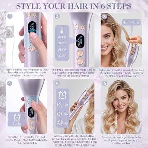 Automatic 1" Curling Iron with 4 Temp, 8 Timer & Anti-Tangle Rotators