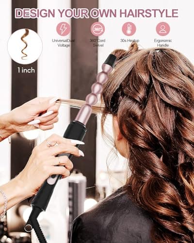 6 in 1 Curling Iron Set: 1.5in Wand, 1in Bubble Wand, 3 Ceramic Barrels, Instant Heat & Gloves (0.35"-1.25")