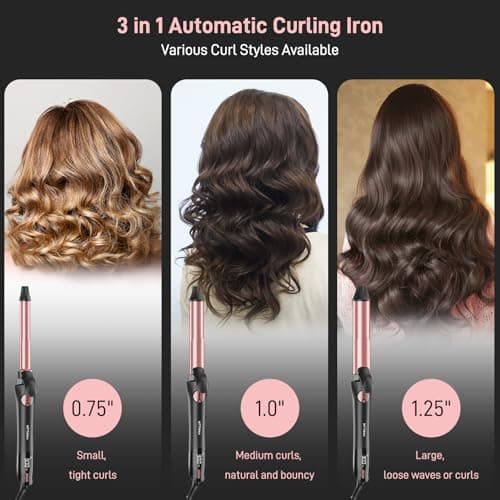 3-in-1 Rose Gold Curling Iron - Lasting Beach Waves, Adjustable Temp, Dual Voltage