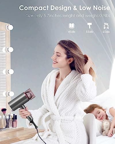 1800W Professional Ion Diffuser Hair Dryer for Fast & Quiet Hair Care Travel (Small & Medium)