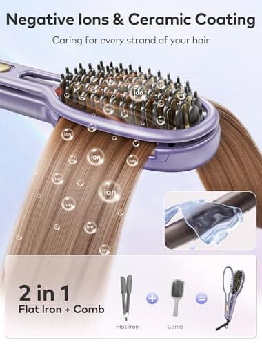 Ionic Ceramic Hair Straightener Brush, Anti-Frizz 2-in-1 Straightener/Curler with Clamp Holder (Purple)