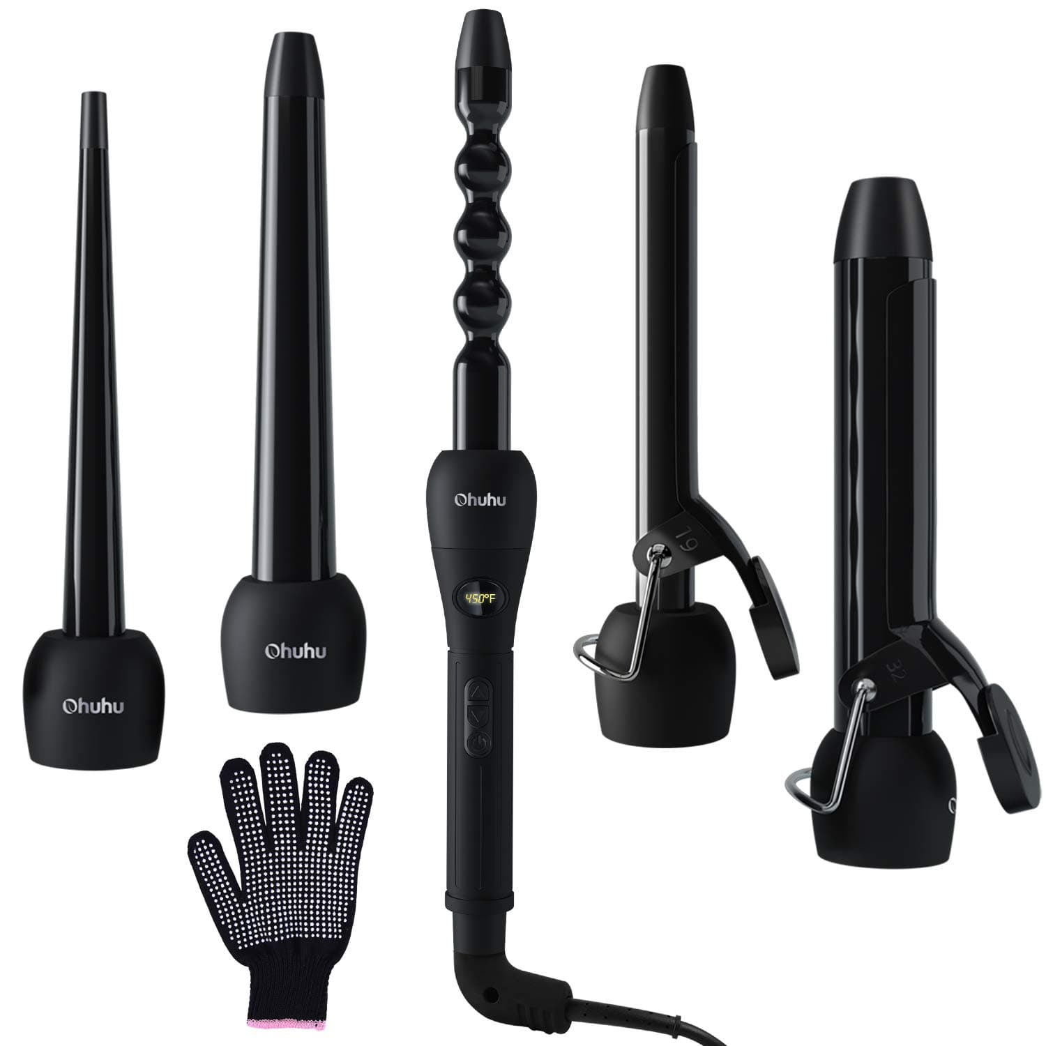 5-in-1 Ohuhu Curling Iron Wand Set LCD Temp. Display Black