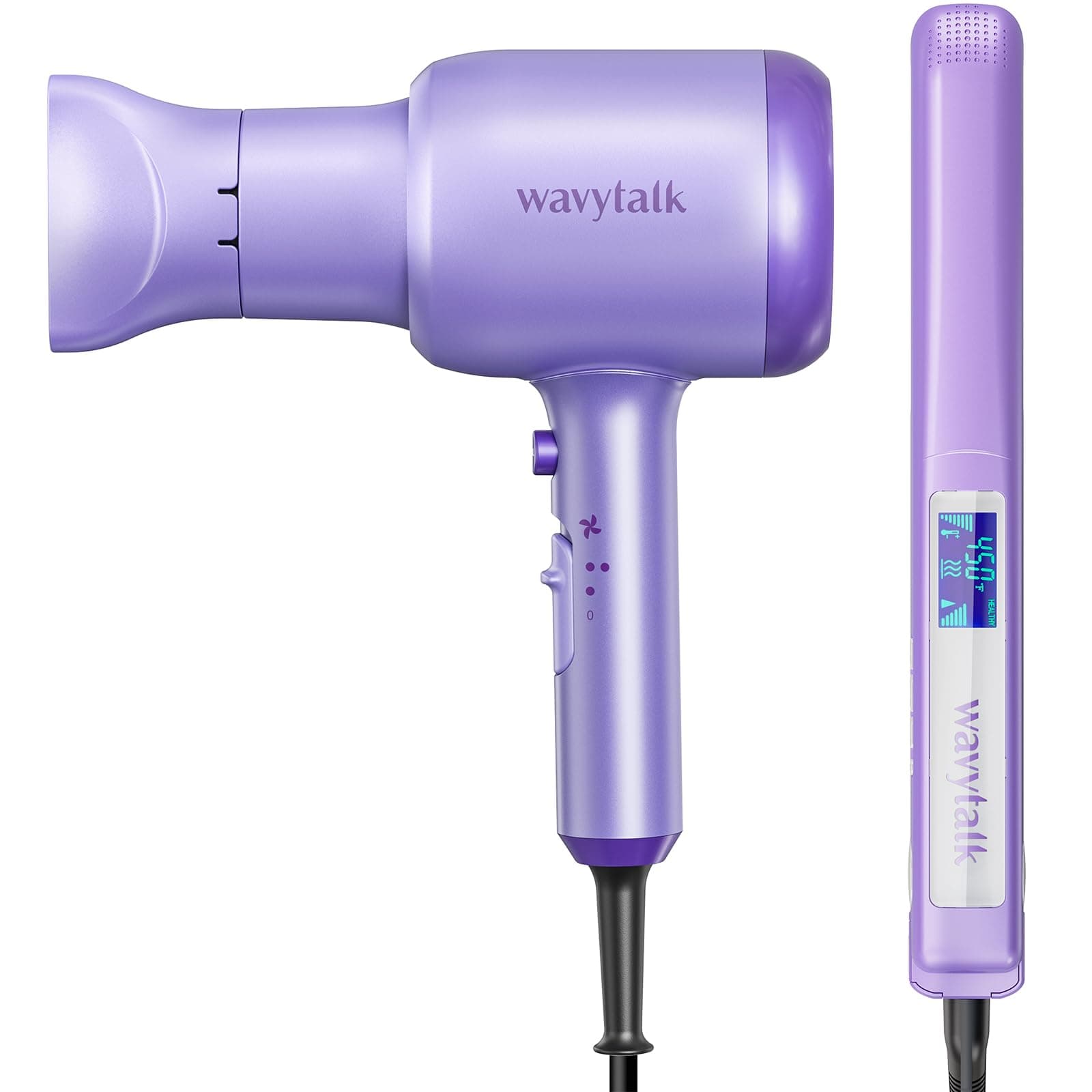 Wavytalk Ionic Hair Blow Dryer with Diffuser (Purple Lavender) + 1 Inch Negative Ion Flat Iron Hair Straightener (Purple)

Refined Title: Wavytalk Ionic Hair Blow Dryer with Diffuser (Purple Lavender) + Negative Ion Hair Straightener (Purple)